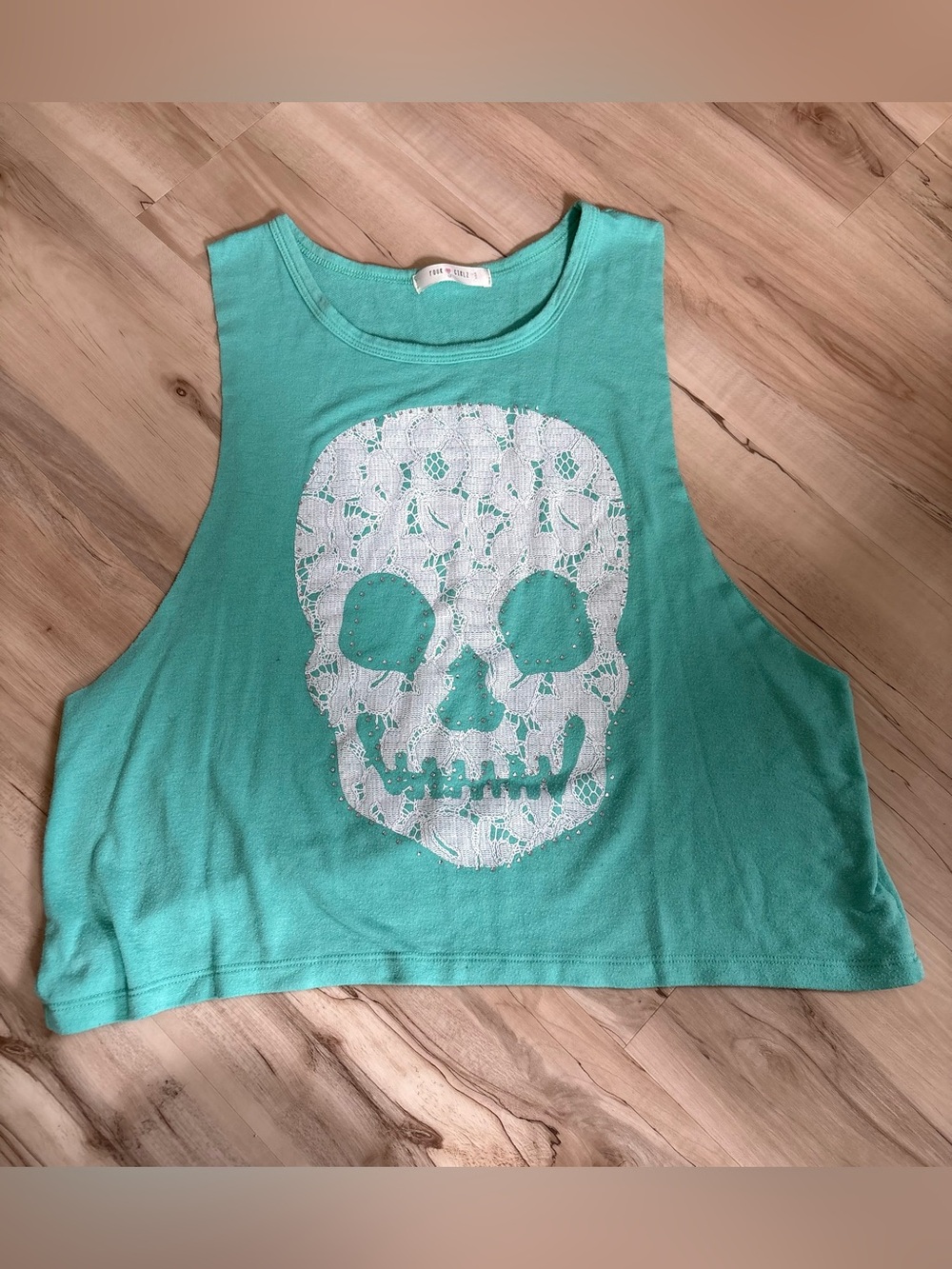 Turquoise Cropped Tank with White Lace Skull